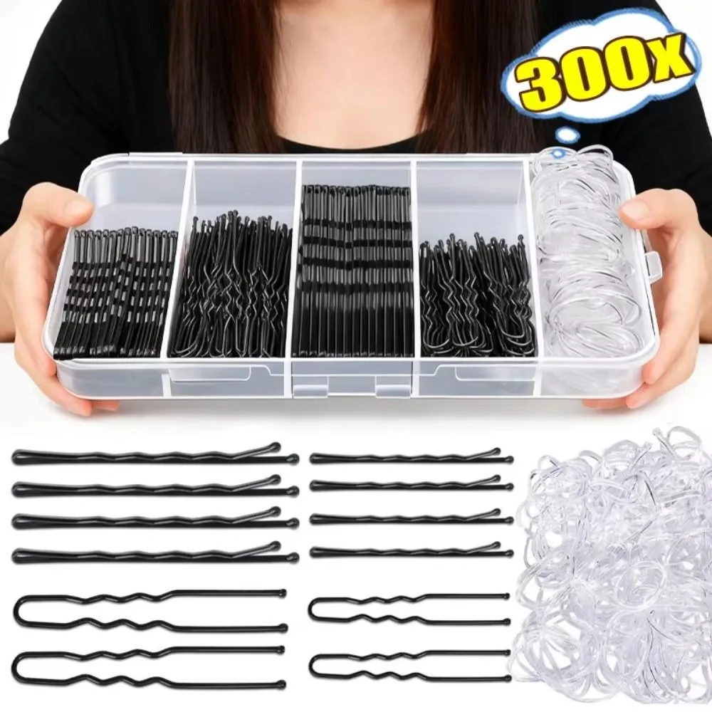 300Pcs Black ‌Women's Bobby Pins U-Shape Pins Non Slip Hair Styling Accessories Invisible with Box Hairstyle Hair Pins Kit