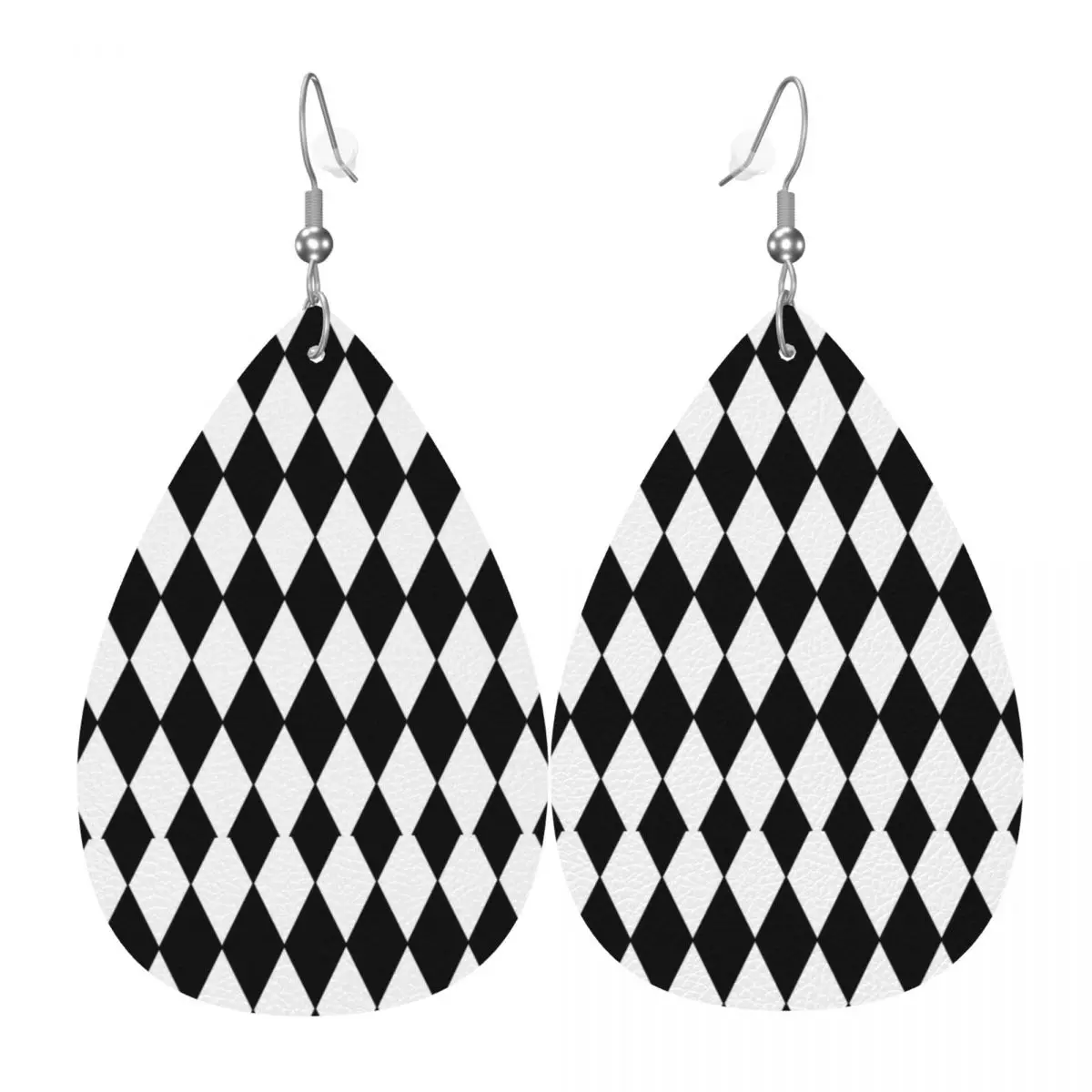 

Custom Black And White Geometric Harlequin Leather Teardrop Earrings Abstract Diamond Jewelry Accessories For Valentine's Day