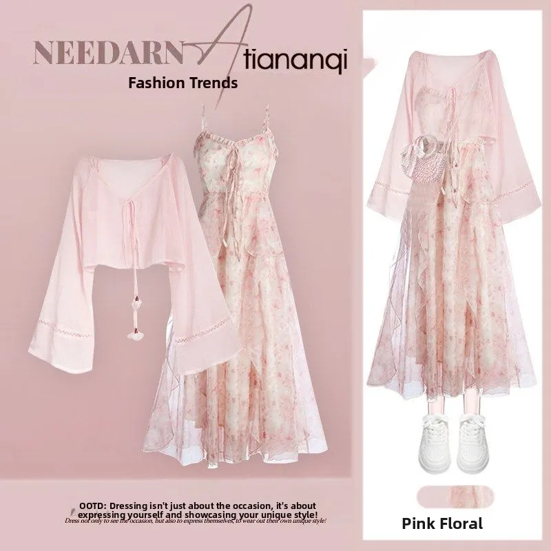 

Summer Sweet Anti-Aging Women's Pink Hollow out Sun Protection Cover up with Slimming Floral Print Halter Dress Fashion Set