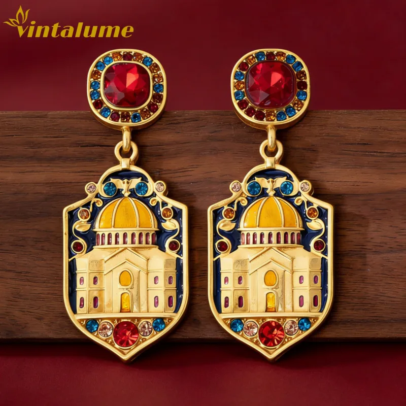 

Серьги-подвески в форме замка, позолоченные, с красными кристаллами и разноцветными фианитами, винтажные, роскошные, эффектные, для вечеринок, подарок, ювелирные изделия Vintalume