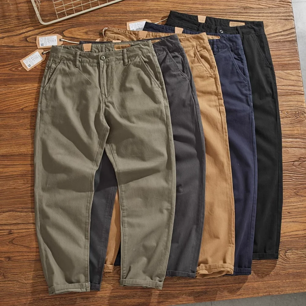 May Khaki American Retro Simple Cargo Pants Men's Heavy Chino Casual Pants Straight Leg All Matching Tapered Pants
