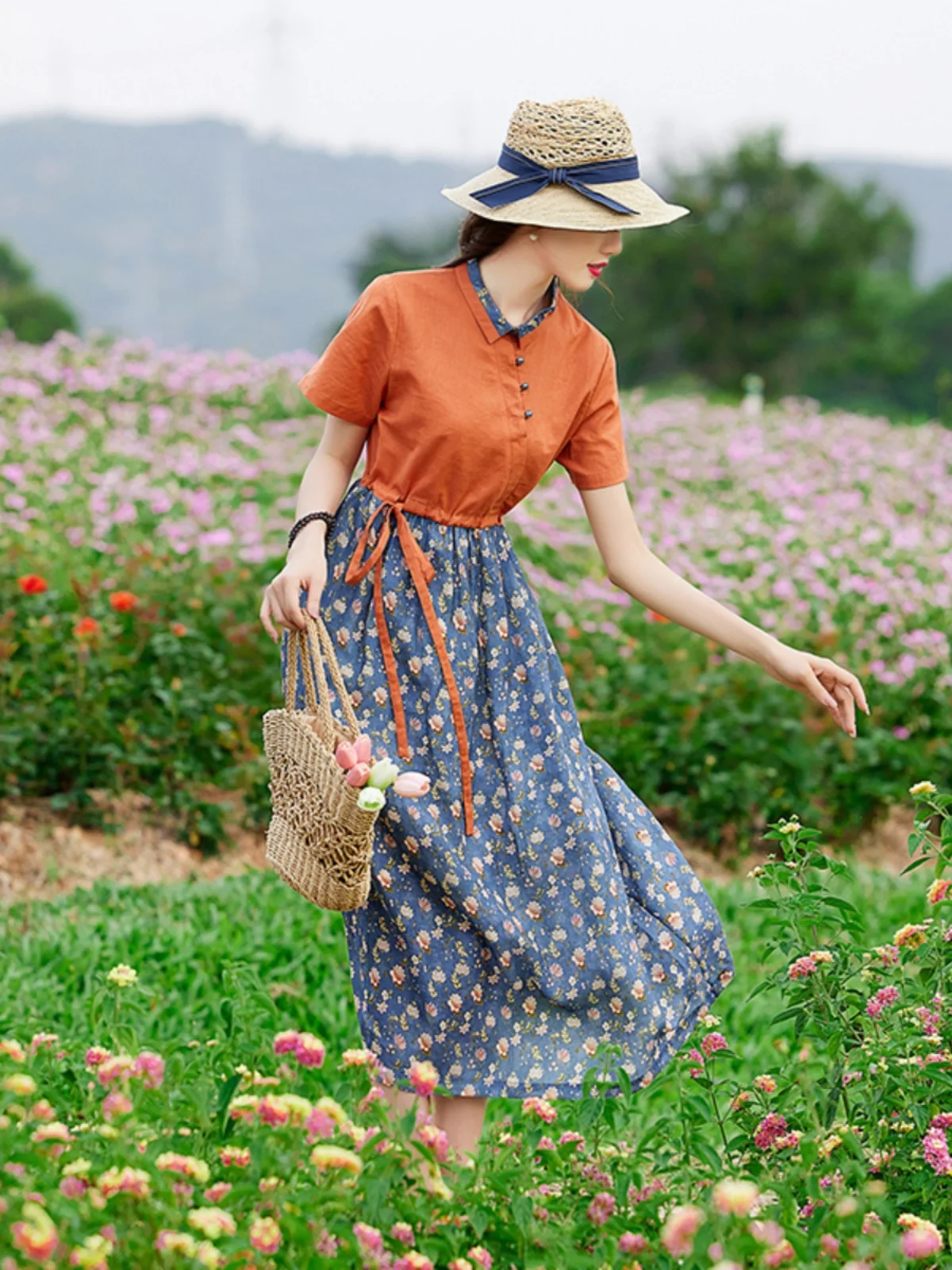 Bloemenprint Katoen Lin irt Dr Taille Cinched Kleur Blo Zomer halflange kraag Vakantie Sle Dames Dr