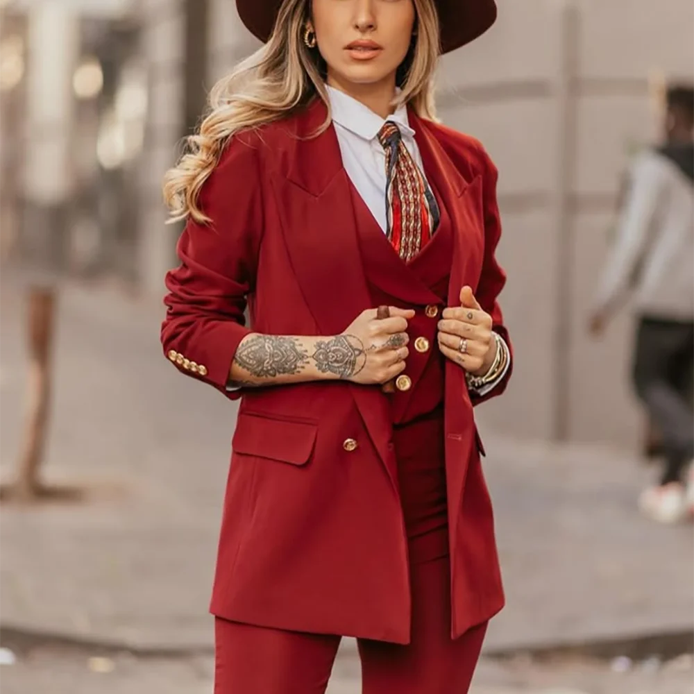 

Vintage Red Women's Suits Peak Lapel Single Button Elegant Outfit Slim Fit Daily Office Business Casual Female Pants Suit