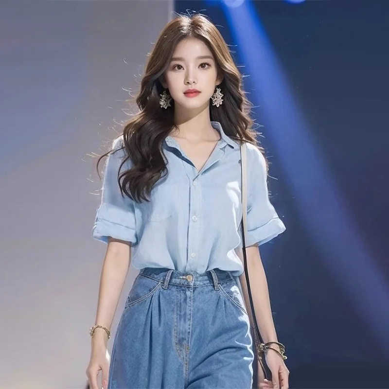 Shirts met korte mouwen Dames zacht comfortabel linnen overhemd Oversized losse pasvorm Button Up Casual Turn Down kraag Elegante zomer