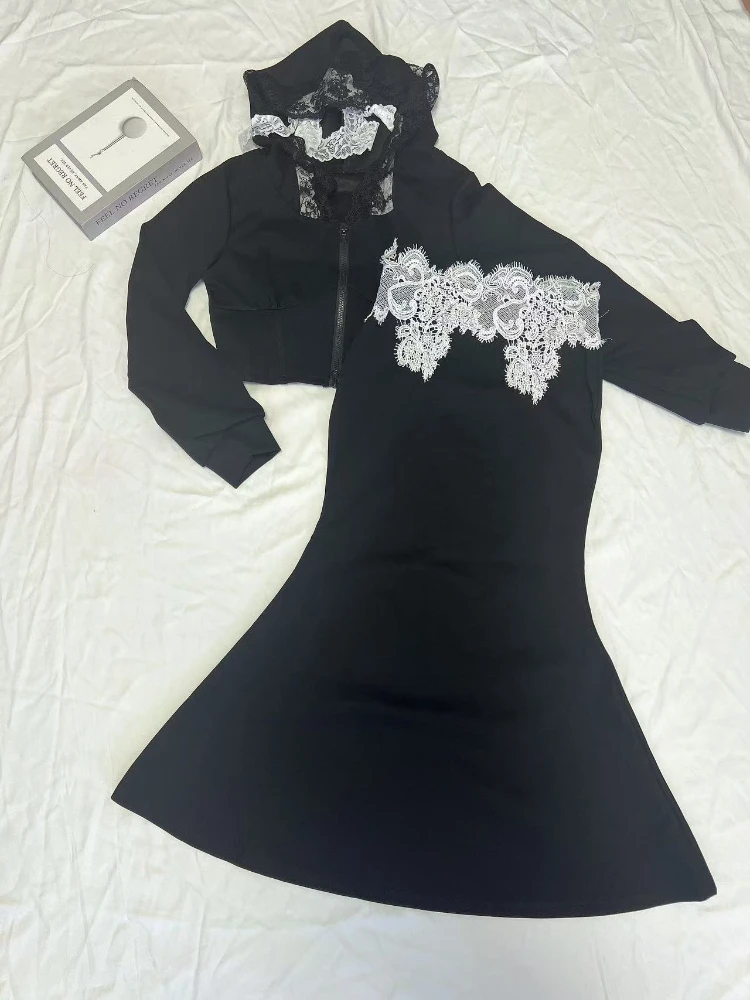 

French Vintage Elegant Sexy 2 Piece Sets Woman Gothic Black Off Shoulder Chic Midi Skirt Suit Female Lace Elegant Outfits 2025