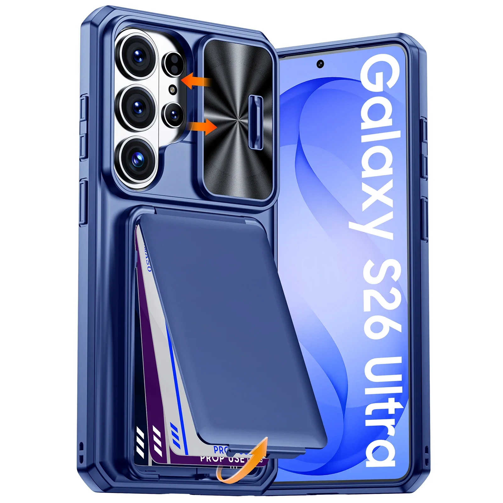 Mit Kartenhalter, Schiebe-Kameraabdeckung und Ständer für Samsung Galaxy S26 Ultra Handyhülle, Sturzsichere PC+TPU Brieftaschenhülle - Blau
