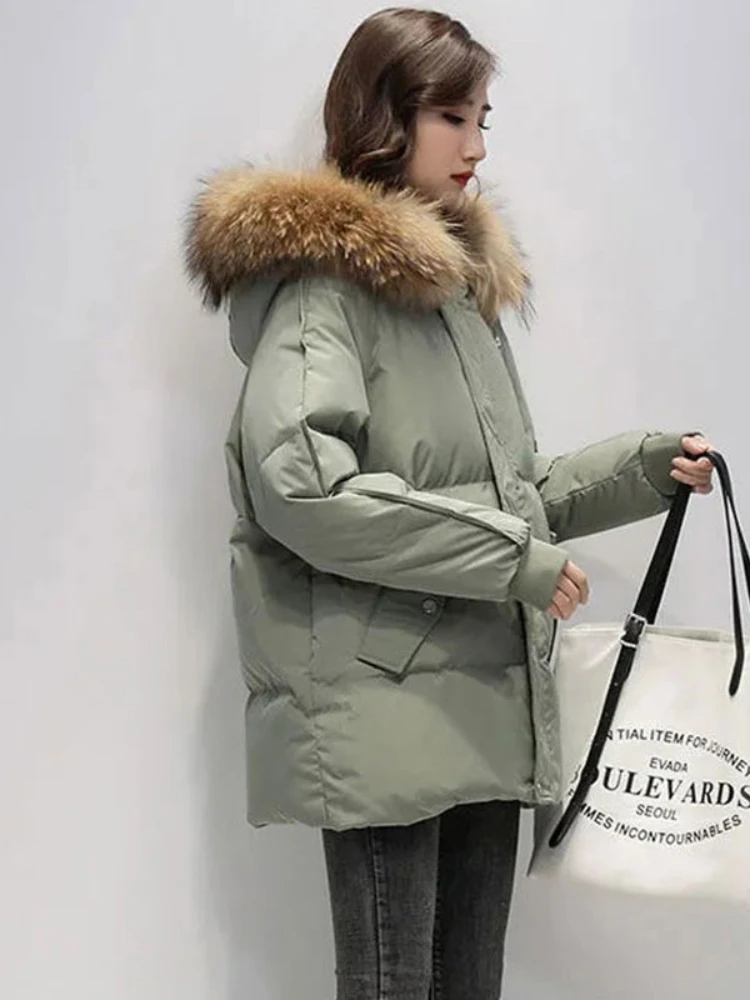 2024 New Real Raccoon Fur Collar Women\'s Parka Jacket Fashion Hooded Jacket Loose Thick keep Style Elegant Woman Top