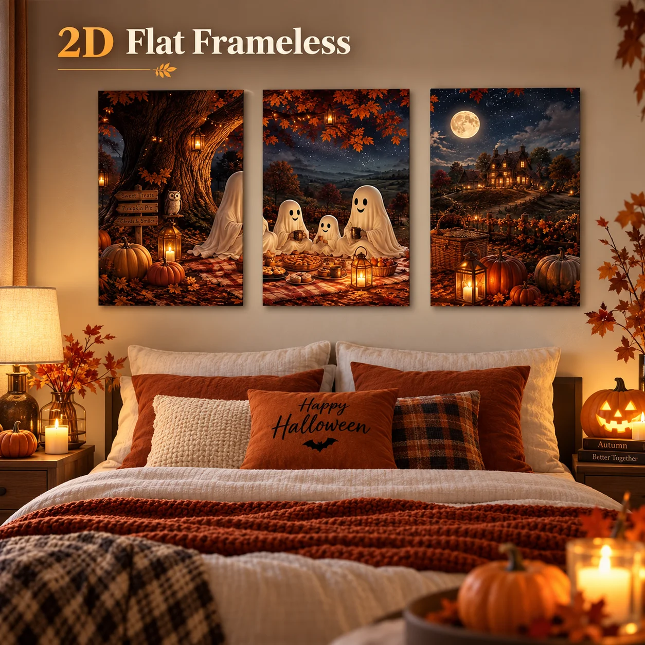 3 2D flat printed frameless paintings featuring Ghost Pumpkin Lantern, Full Moon, and Autumn Scenery