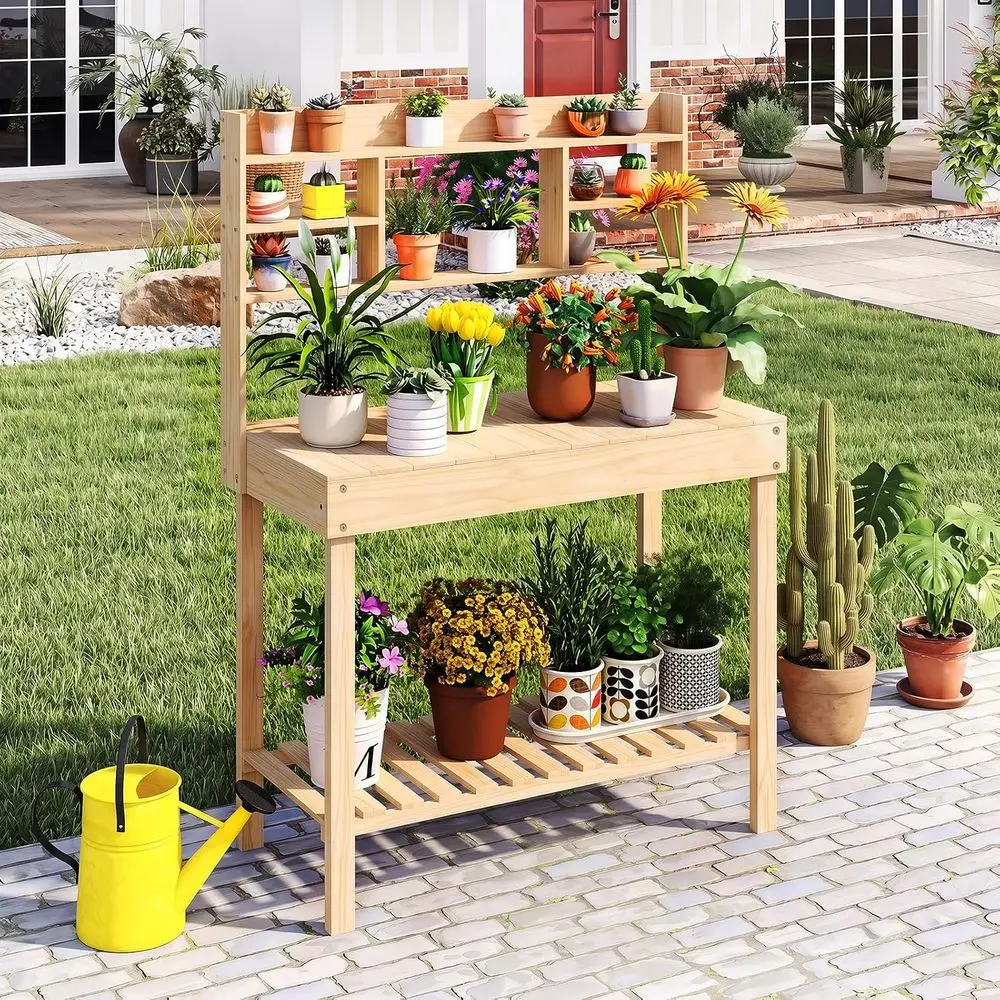 60” Wood Garden Work Bench Workstation with Storage, Lip-Up Tabletop, Shelves & Hanging Hooks, Outdoor Garden Table or Patio, La