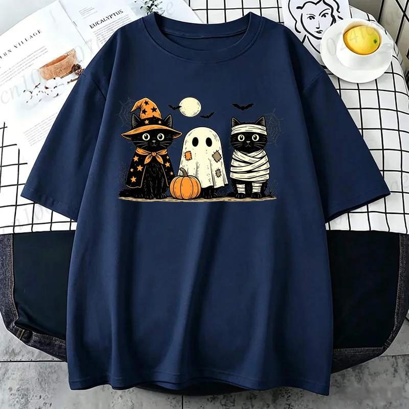 Schwarze Katze Kürbis T-Shirt Ghots Gothic Herbst Katzen T-Shirt Halloween Grusel-Saison T-Shirt Horror Party T-Shirts Unisex Kurzarm – Detail 5