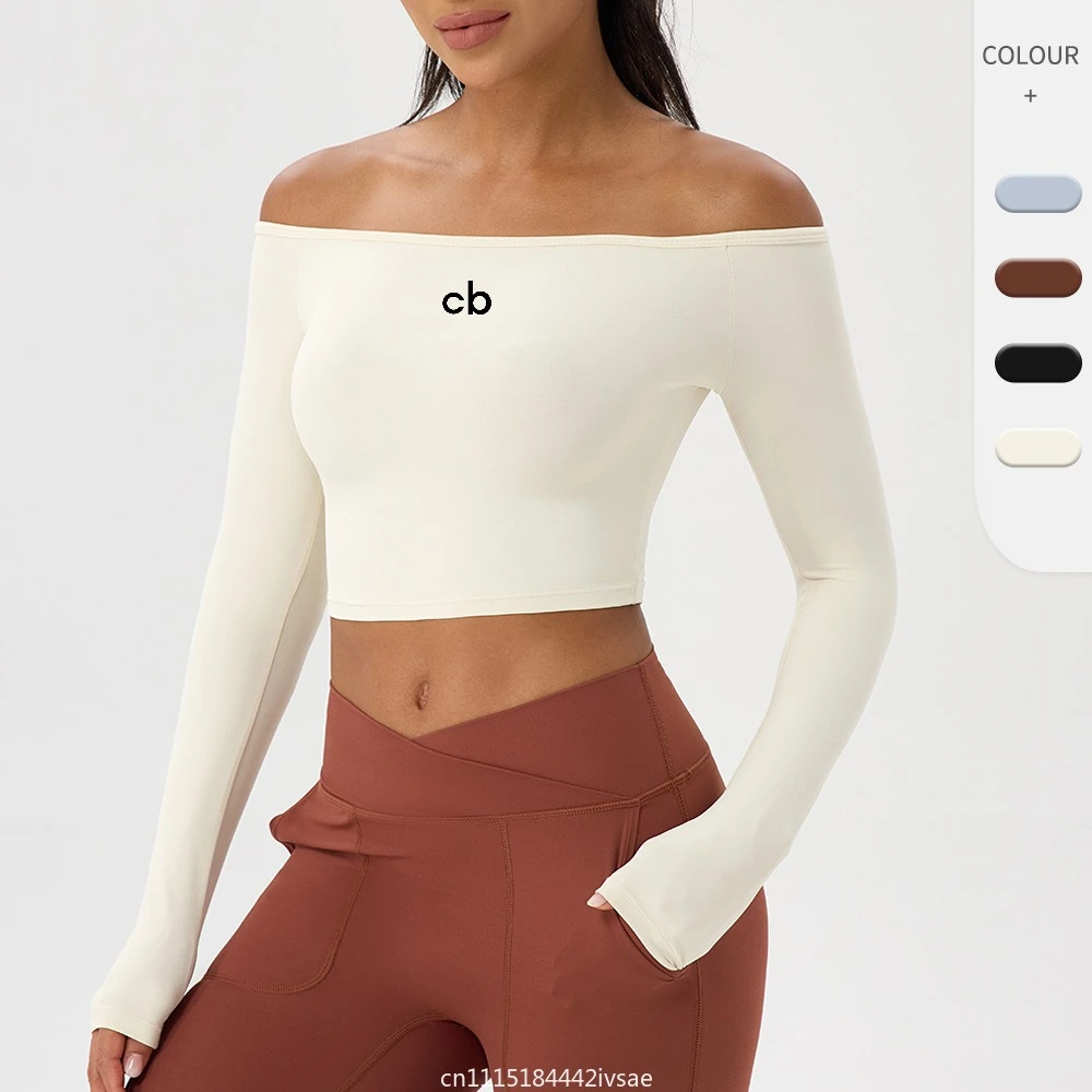yoga long-sleeved T-shirt women's one-word shoulder sexy tight fitness clothes top nude quick-drying sports long sleeves