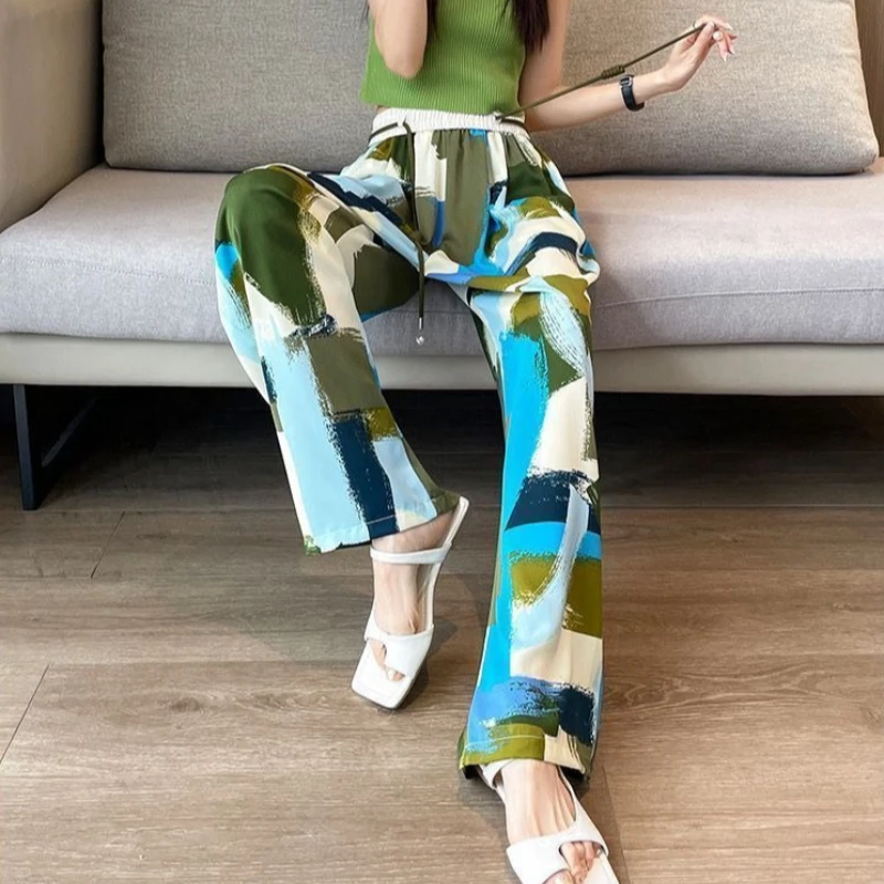 

2026 New Casual Icy Silk Wide Leg Pants Women Summer Thin Loose High Waist Draped Tie Dye Slim Straight