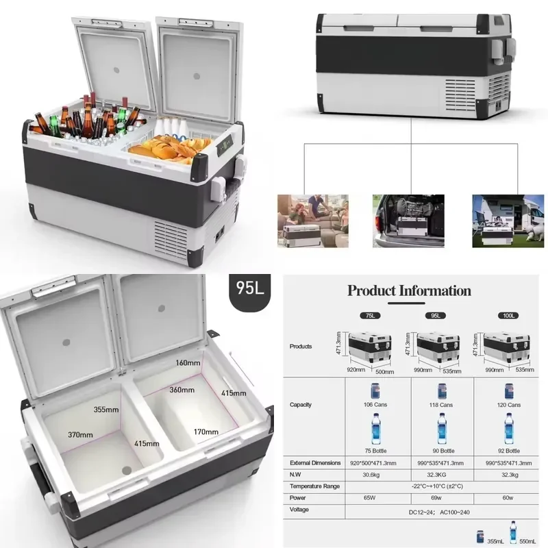 95L Big Capacity Dual-Zone Freezer Refrigerator 69W for Outdoor Camping Motorhome RV Yacht Motorboat Caravan Compressor
