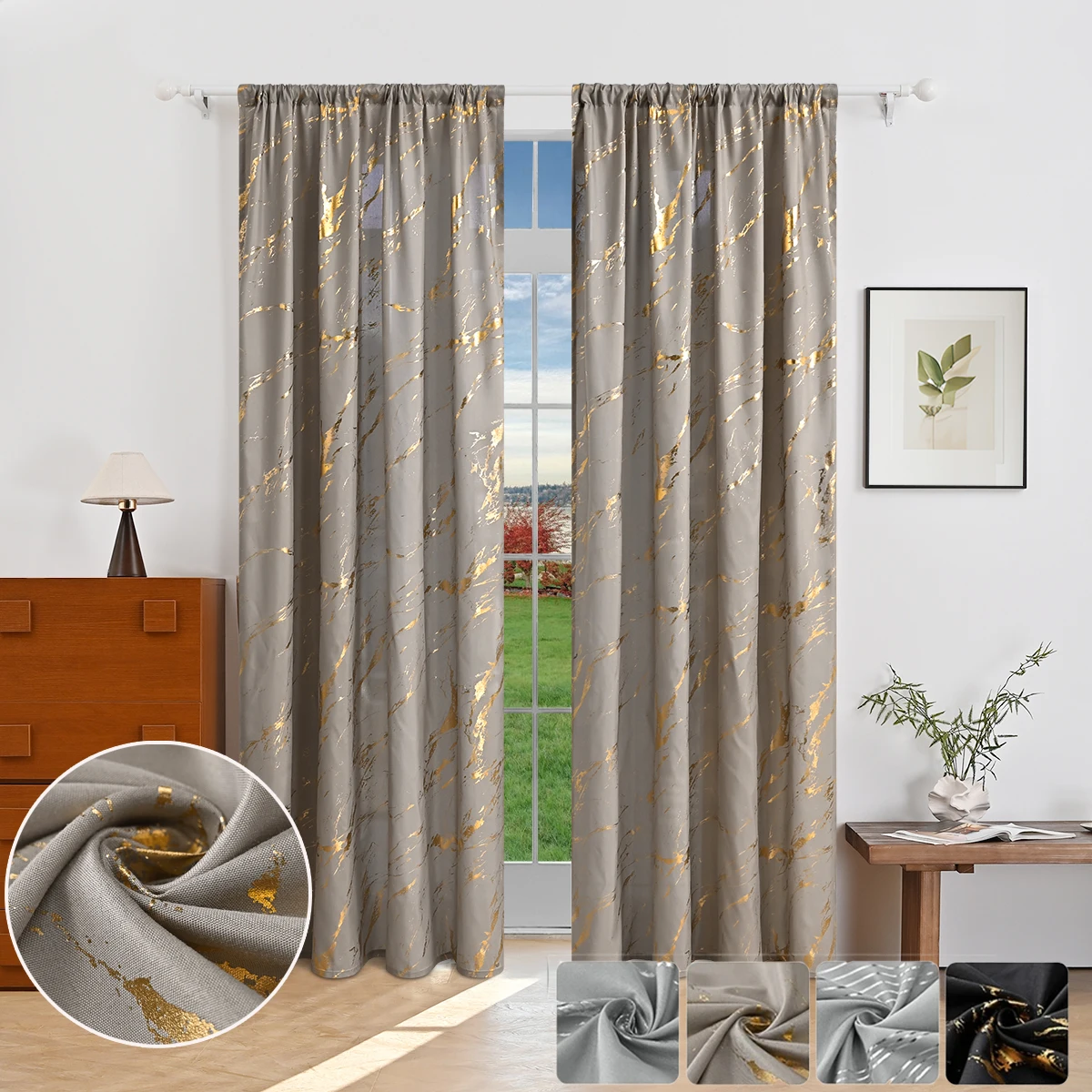 2panels Luxury Marble Pattern Curtains with Gold Foil Precision Drilling, Window Curtains for Living Room, Bedroom, Home Decor
