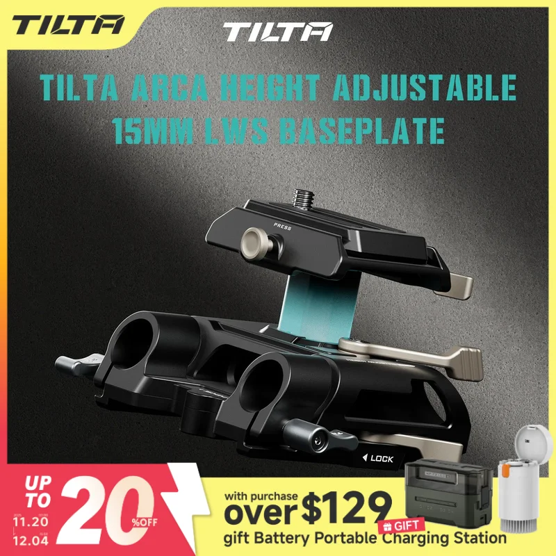 Placa de base LWS de 15 mm com altura ajustável TILTA Arca preta TA-HABP-B Arca de liberação rápida compatível com placas ARCA padrão DJI