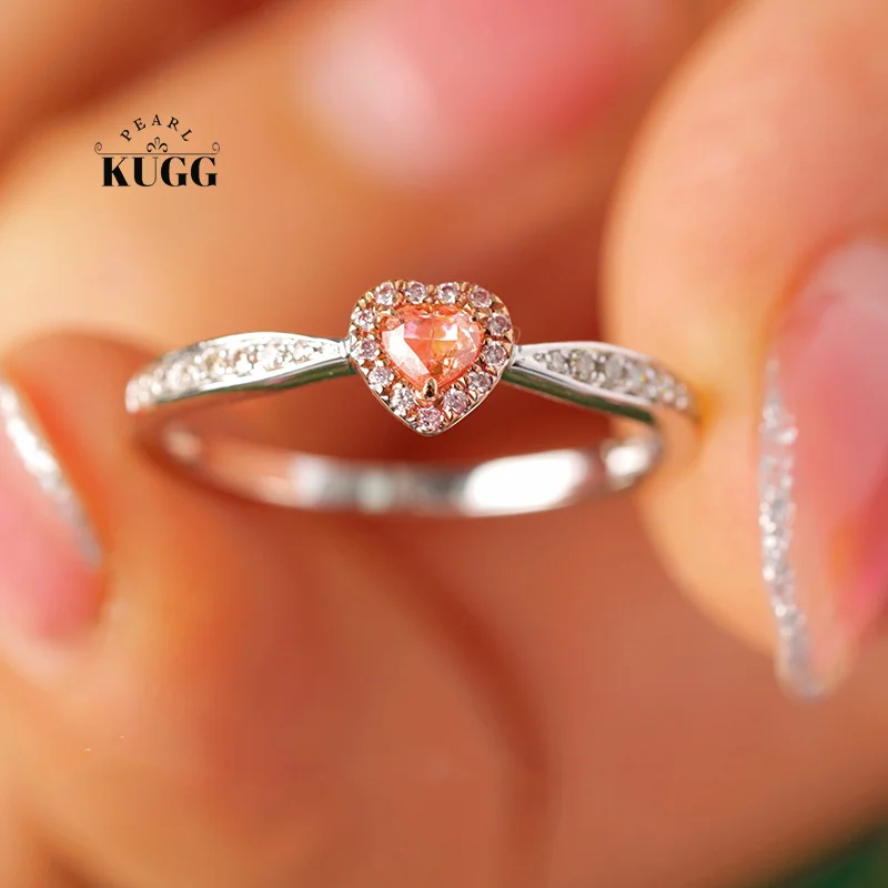 

KUGG 100% 18K White Gold Rings Romantic Heart Design 0.26carat Real Natural Pink Diamond Ring for Women High Engagement Jewelry