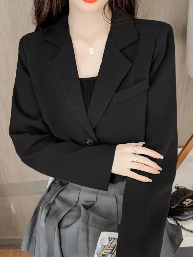 Jmprs Fashion Single Button Women Cropped Blazer Korean Long Sleeve Elegant Suit Jacket Office Ladies Female Khaki Coat