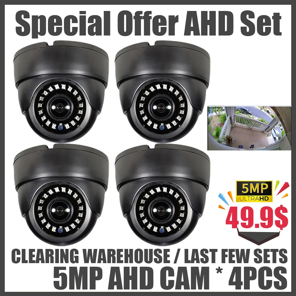 4PCS Suit 1.7mm Fisheye 5MP 4CH CCTV System AHD Panoramic Dome Camera KIT OSD Cable 4in1 4MP 5M-N Home Video Indoor Security Set