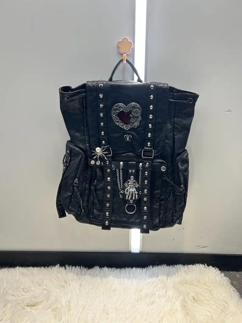 Y2K Punk Goth Studded Large Backpack Skull Hand Spider Charm Emo School Bag Lambskin Vintage Alter Backpack
