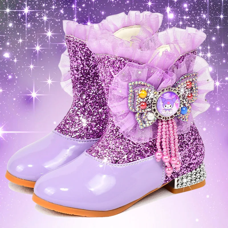 

Новые ботинки Kuromi для девочек с героями мультфильмов, модные ботинки принцессы Эльзы и бархатная детская обувь