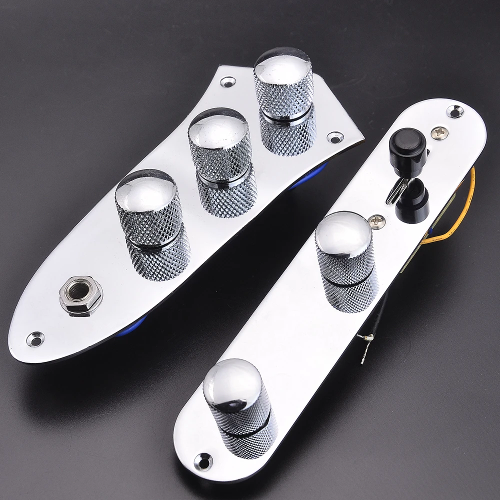 1 Set Chrome Electric Guitar Bass Wiring Harness  with Alloy Control Plates and Knobs for TELE/JB Bass