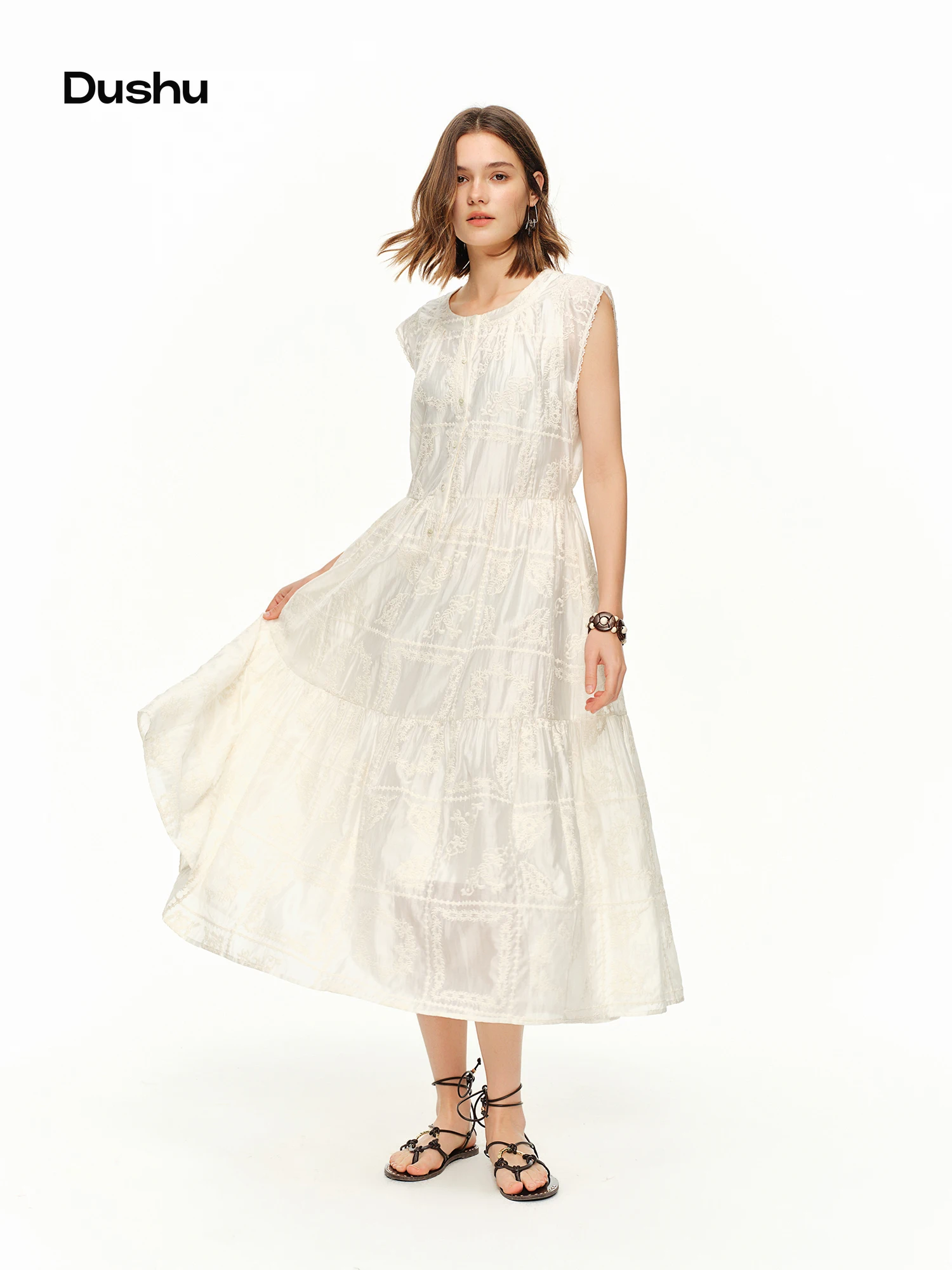 DUSHU 2026 Vestido de Verano para Mujer, Bordado, con Cintura Ajustable, Sin Mangas, Corte en A, Blanco, Estilo Boho, Midi, Coqueta, Estilo Lujoso y Discreto