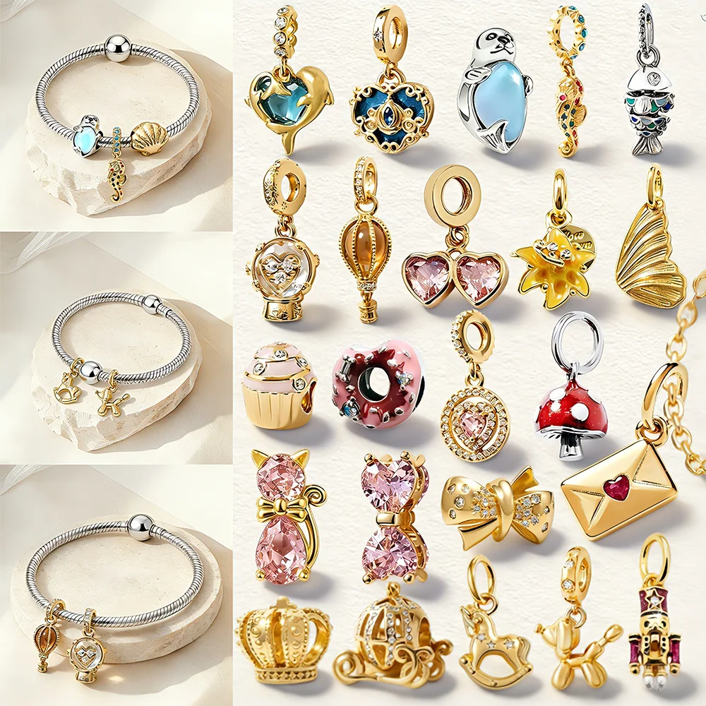 Abalorio de madera DIY con forma de concha, caballito de mar, sobre, donut, globo aerostático, caballo de madera y lazo, compatible con varios tipos de pulseras de hueso de serpiente, regalo de joyería