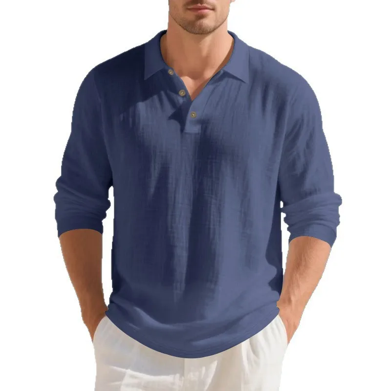 Casual Linen Shirt Light T-shirt Loose Fit Solid Color Men's Button Front White Long Sleeve Beige Collar Rolled Grey Navy Blue