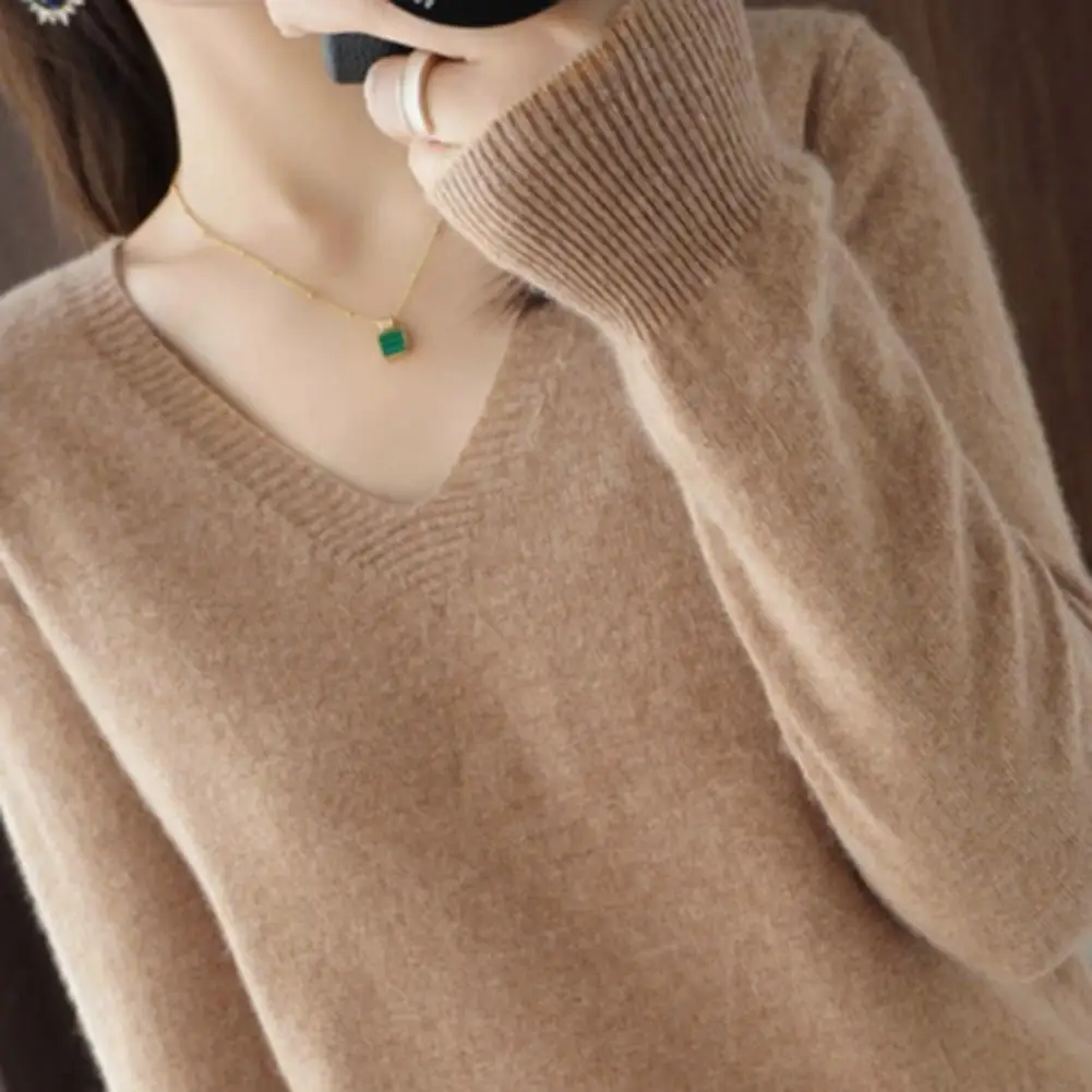 

Свободный женский свитер с v-образным вырезом, джемпер с длинными рукавами, свободный модный удобный однотонный свитер