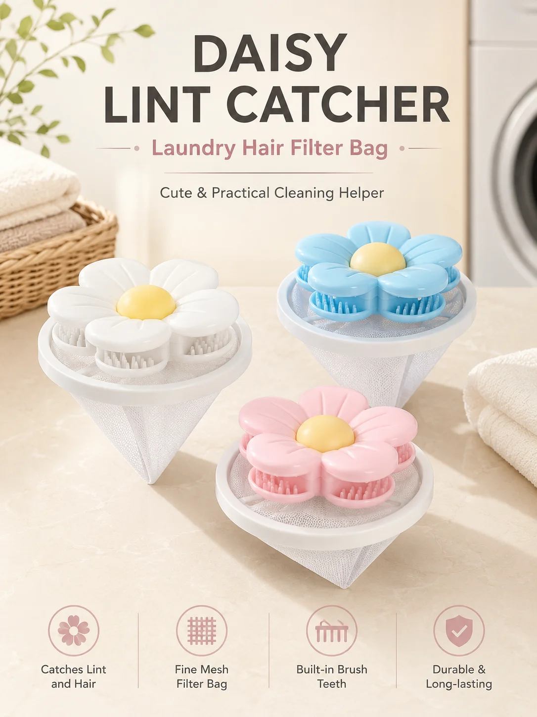 Daisy Laundry Lint Catcher, Plastic Fine Mesh Floating Hair Filter Bag, Cute Flower Washing Machine Filter For Home