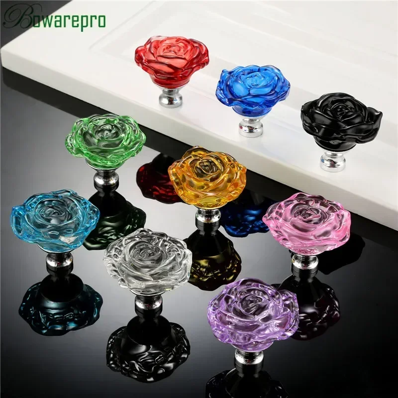 Bowarepro 50 มม.คริสตัลRoseแก้วจับตู้ลิ้นชักดึงตู้เสื้อผ้าครัวเฟอร์นิเจอร์ฮาร์ดแวร์Knobs Handles