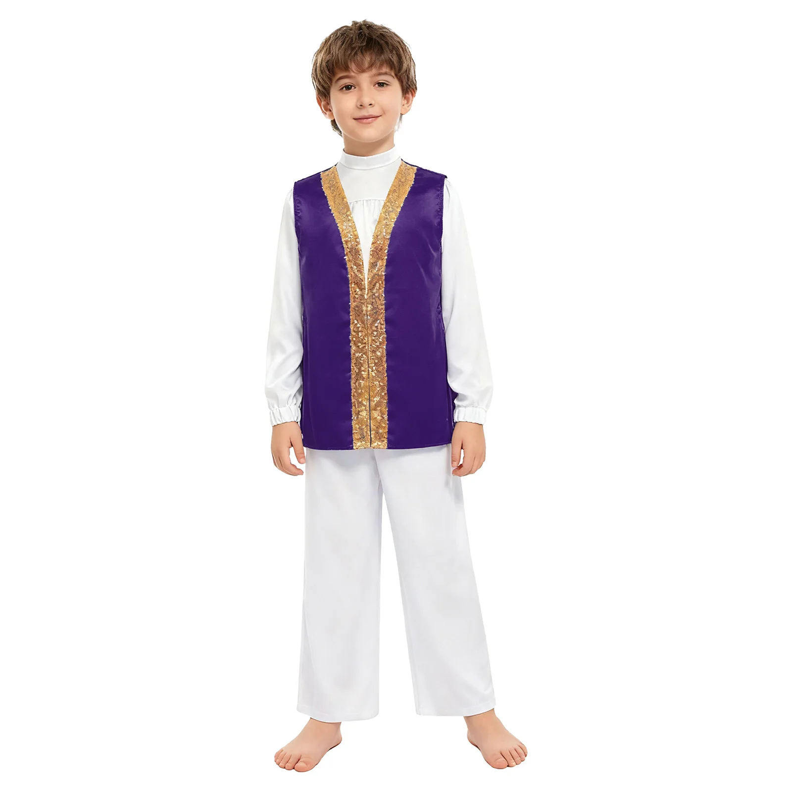 

3Pcs/Set Kids Boys Liturgical Worship Praise Dance Costume Long Sleeve Satin Top+Sleeveless Contrast Color Sequins Robe+Pants