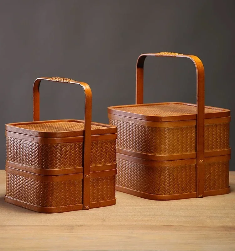 Handmade bamboo woven double-layer retro food box handle basket delivery with lid tea set fruit snack storage