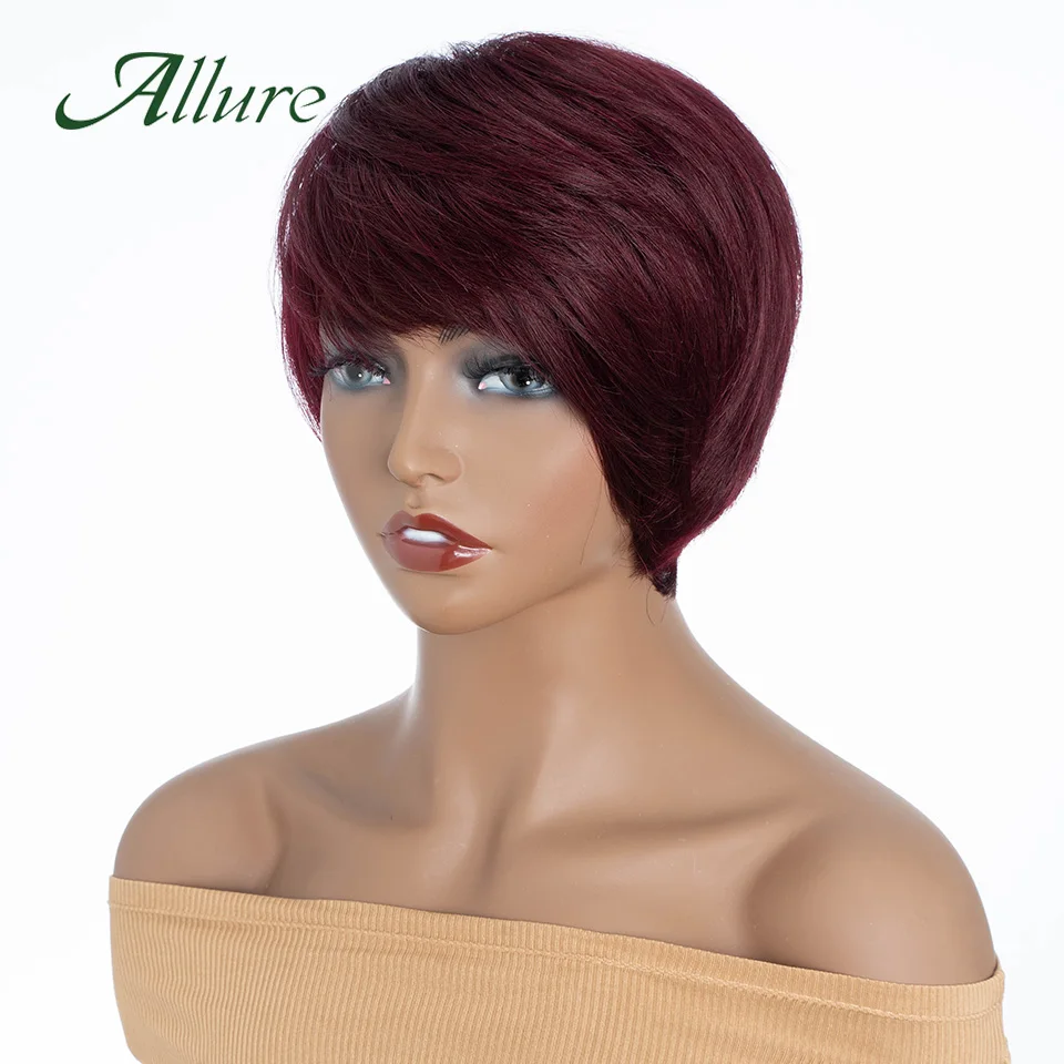 

Brazilian Straight Human Hair Wig With Bang Natural Black Colored Short Bob Pixie Cut Wigs For Women Burgundy Hair Wig Allure