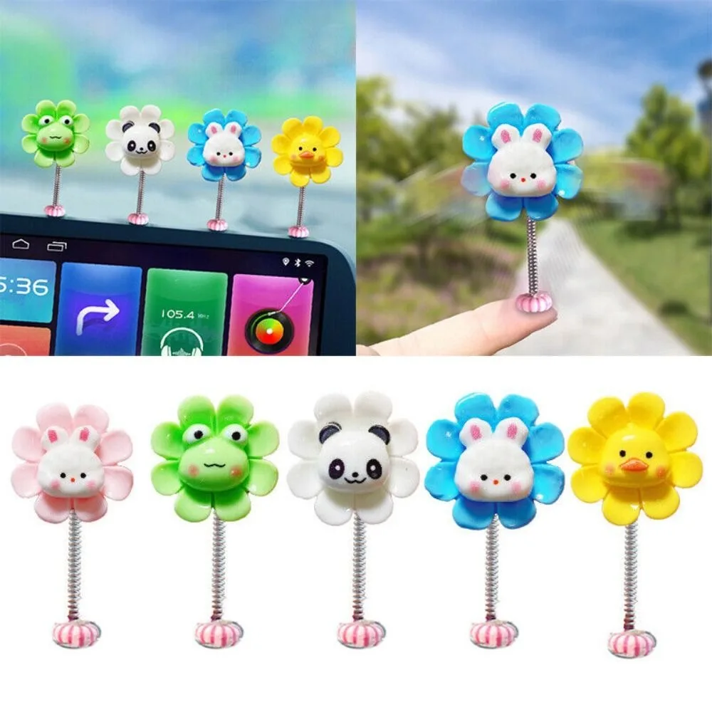 Cute Cartoon Dashboard Decoration Little Panda Frog/Chicken/Rabbit Car Shaking Spring Head Toy with Adhesive Tape Car Ornaments