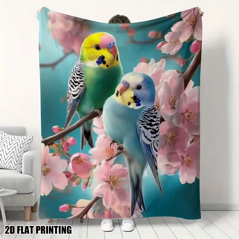 Budgie Parrot Cherry Blossom Print Throw Blanket Soft Cozy Bed Sofa Blanket Bedroom Decor Warm Travel Nap Blanket