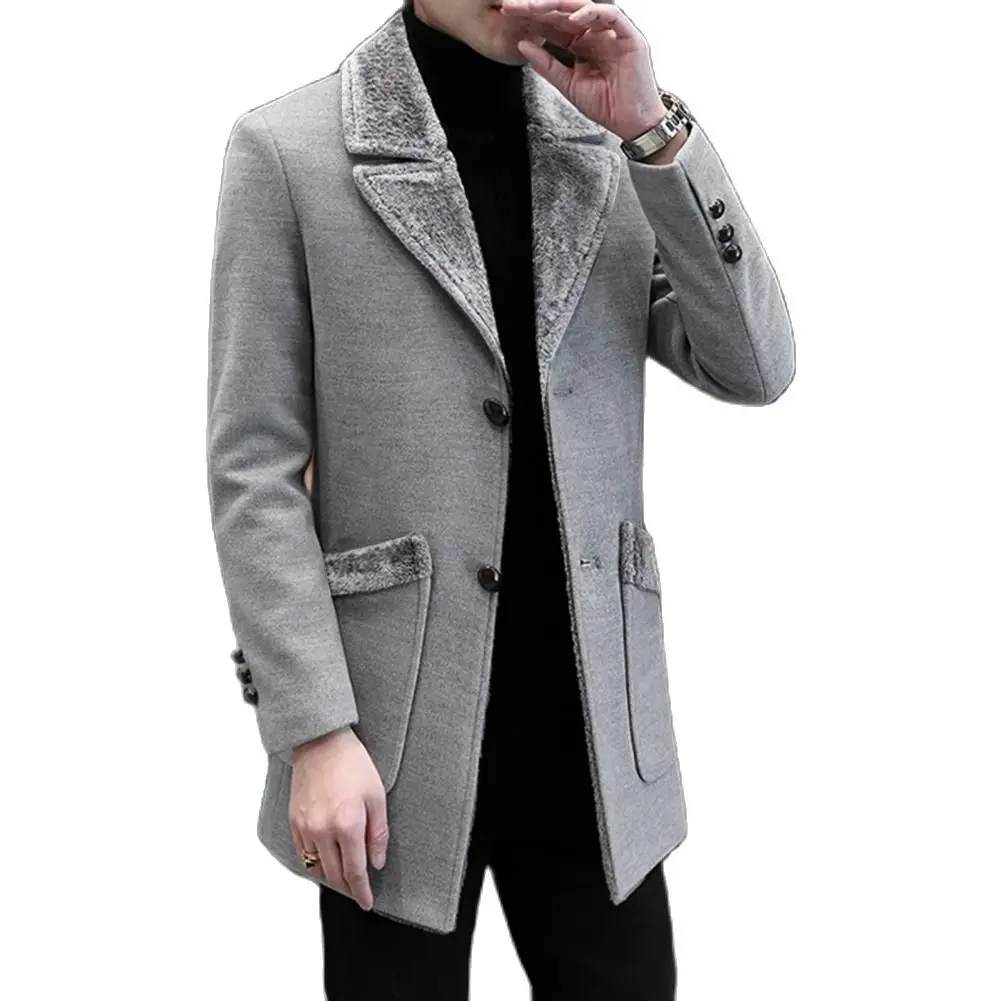 

Men Business Jacket Plush Collar Outwear Windproof Buttons Outwear Woolen Coat chaquetas hombre