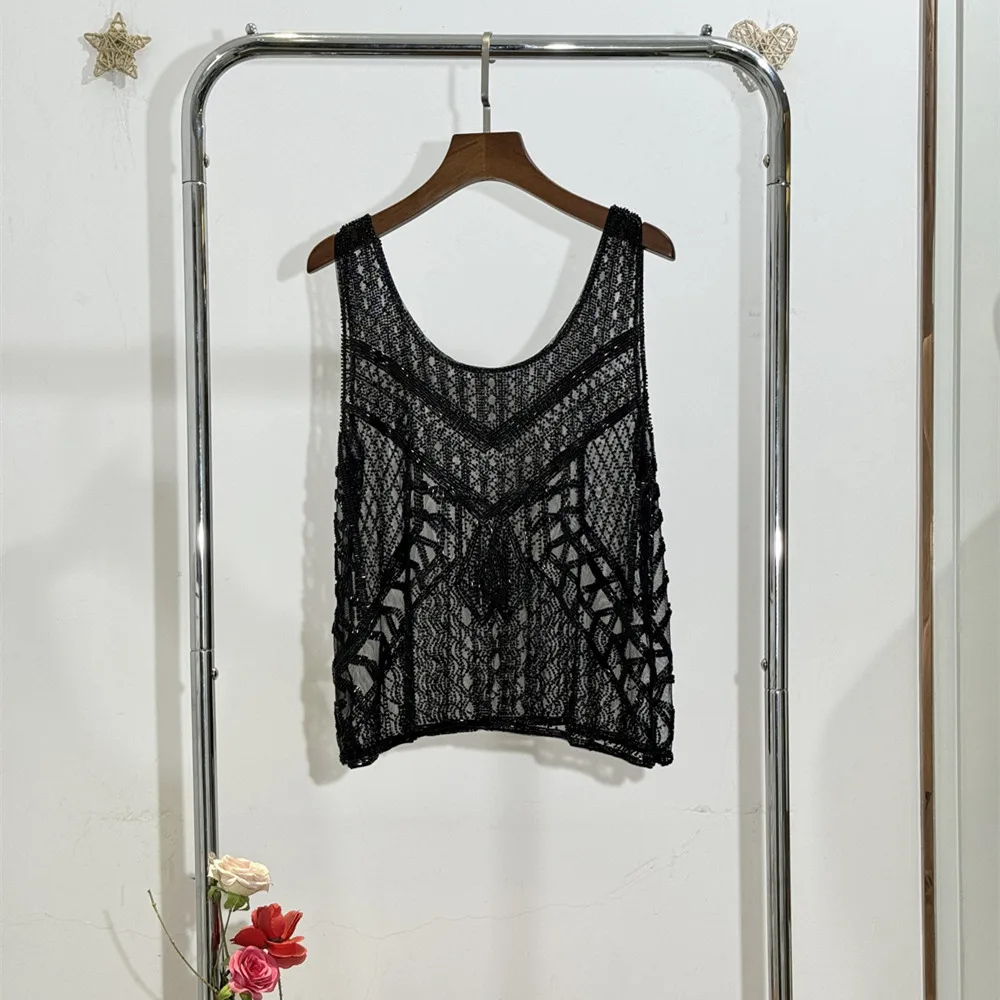 Urlaub Schwere Stickerei Samen Perlen Ärmellose Weste Frauen Mode 2-Cut Perle Handgemachte Mesh Sexy Tank Top Camis