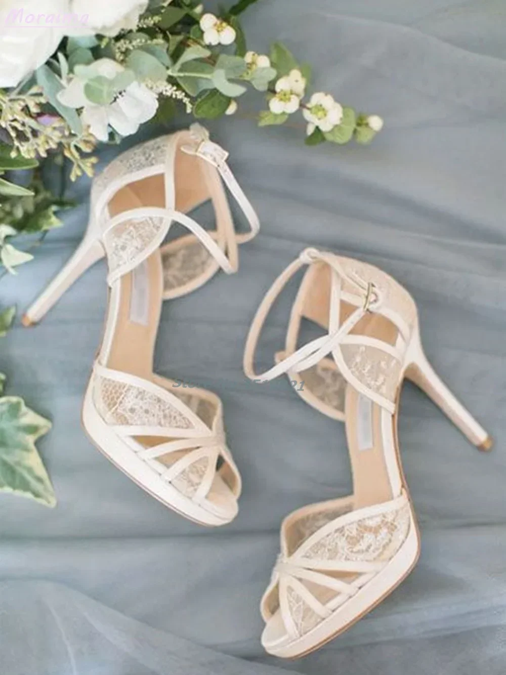 Lace Hollow Peep Toe Sandals Bling Stiletto High Heel Cross Strap Ankle Buckle Cover Heel New Women Wedding Shoes Summer Fashion