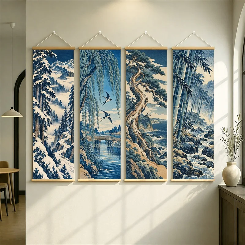 Snowy Trees and Willow River Scenes Hanging Scroll in Japanese Ukiyo-e Style with Rocky Streams for a Quiet Reading Nook