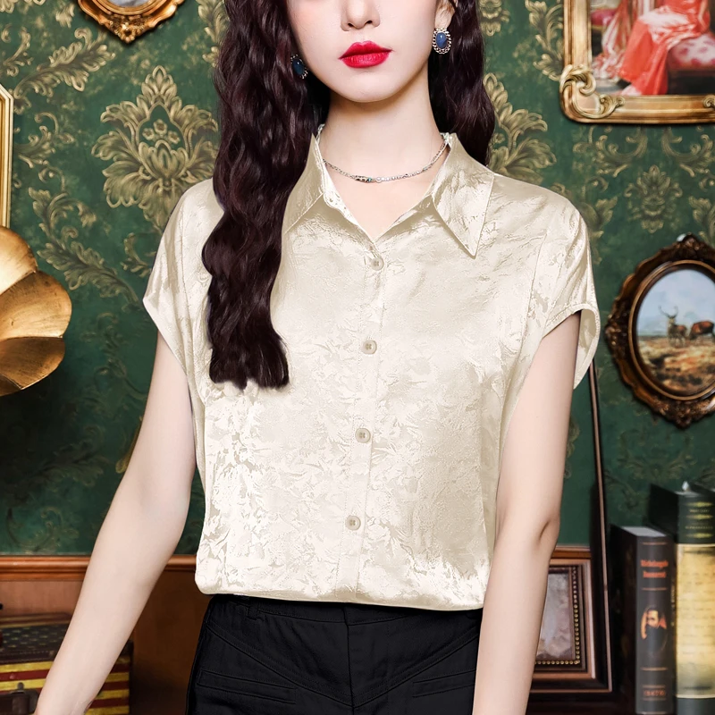 2025 Summer New Women's Shirt Blue Satin Jacquard Flying Sleeve Blouse Luxury Women's Clothing OL Single Breasted Women's Shirts