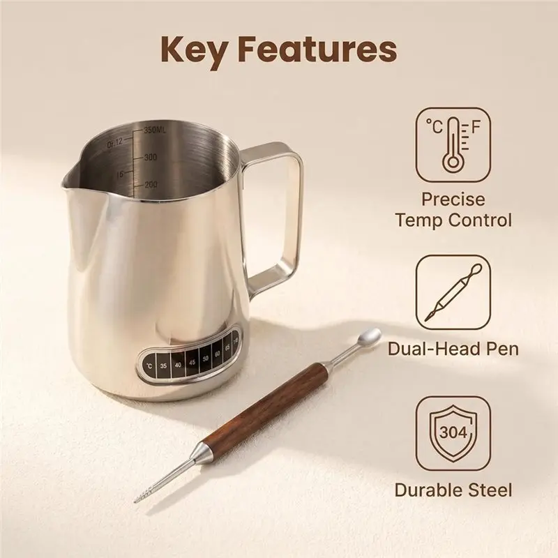 IALJ-Milk Frothing Pitcher 600Ml With Built-In Temperature Gauge, Coffee Latte Art Cup Featuring Wooden Handle& Latte Art Pen