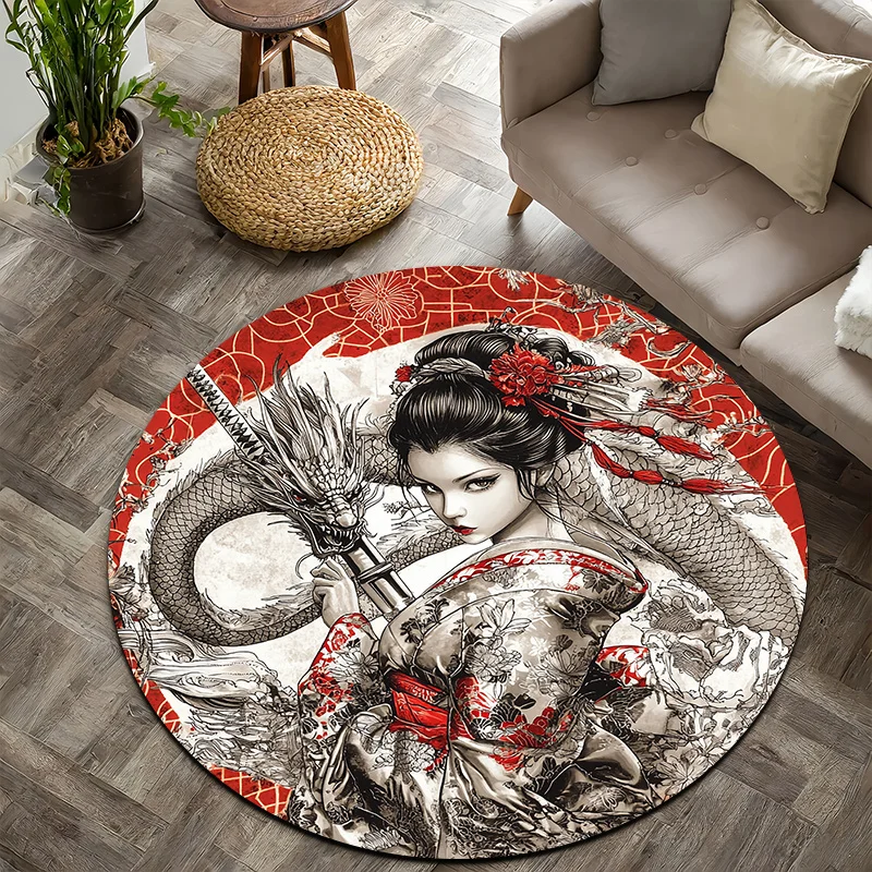 Geisha retro style Flannel-printed round floor mats are slip-resistant Suitable for living room bedroom terrace garden carpets