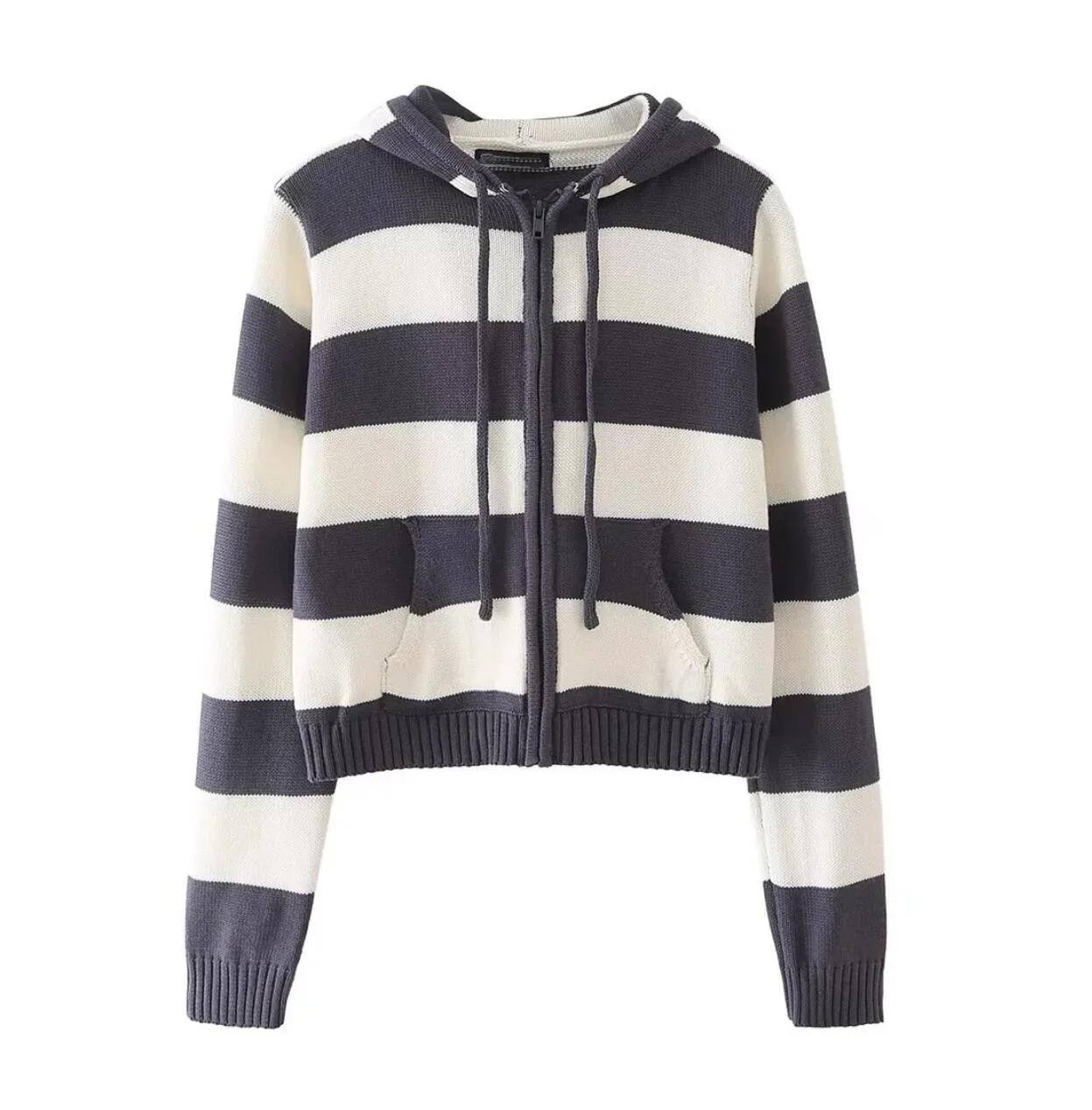 Harajuku Women Striped Knit Hoodie With Zipper Fastening Preppy Style Hooded Cardigan