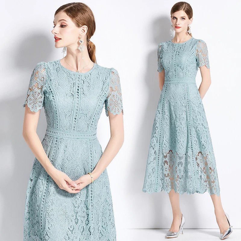 Vintage Dress Women 2024 O-Neck Lace Summer Dress New Lotus Leaf Sleeves Long Dresses for Women Fashion Elegant Female Clothing