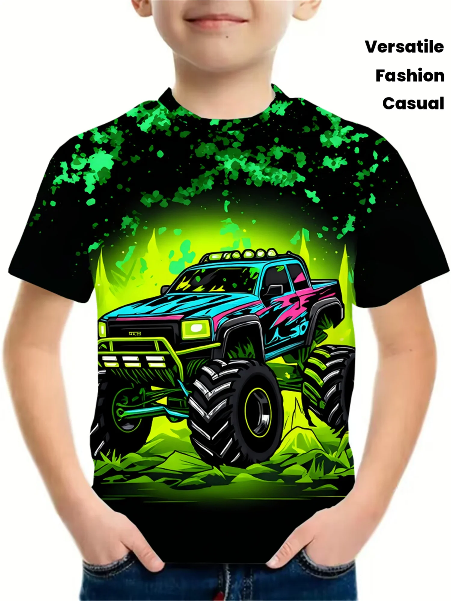 Boys' Fashion 3D Fluorescent Mountain Bike Print Short Sleeve T-Shirt, Casual Round Neck Short Sleeve Versatile T-Shirt for Boys