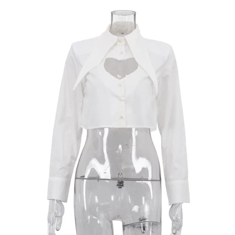 Elegantes Y2K 2026 Neues Damen-Herz-Ausschnitt-Crop-Shirt im französischen Stil, Langarm-Bluse mit Knöpfen, Schickes Sommer-Hohlmuster-Top – Detail 2