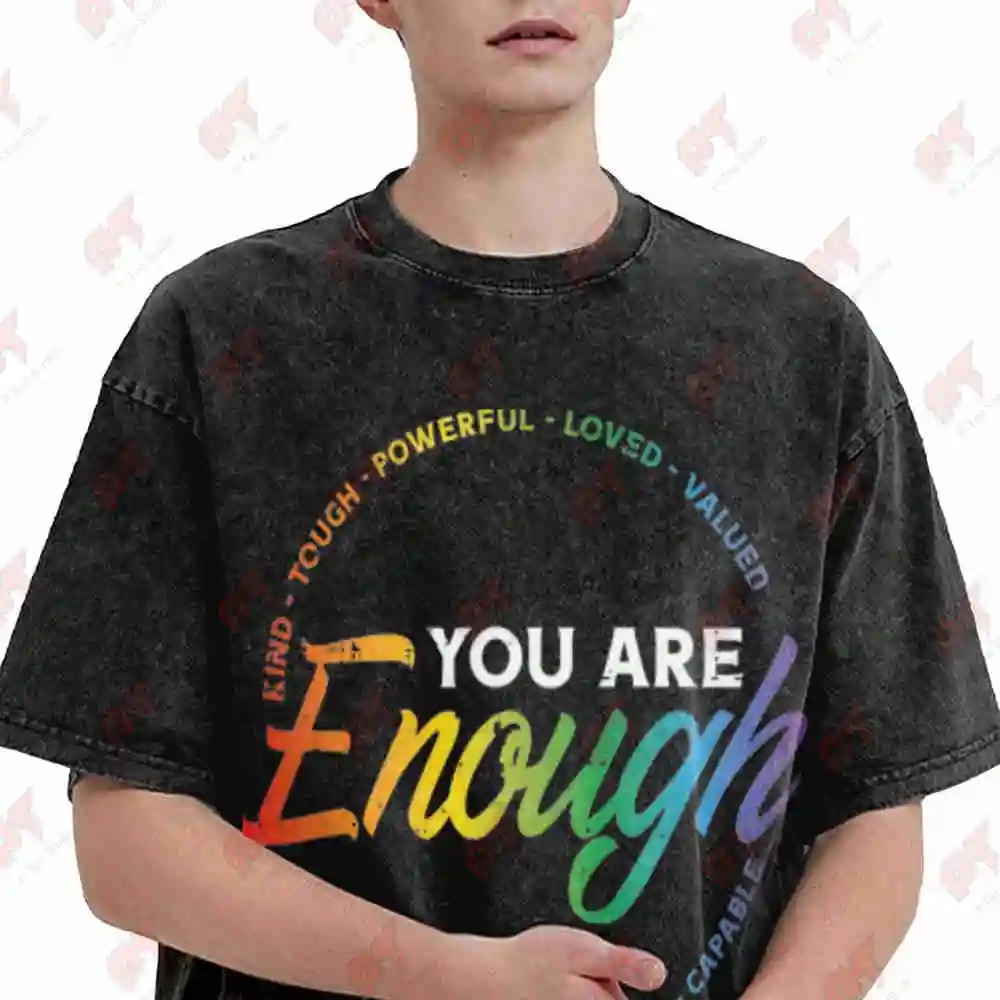 LGBTQ Pride Rainbow Flag Positive Affirmation Vintage Washed Tee Pure Cotton T-Shirt