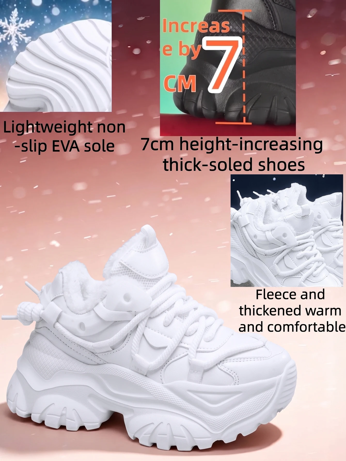 Damen Y2K Sweet-Cool Style Vulkanisierte Schuhe, Leichte Eva-Sneaker mit Dicker Sohle und 7cm Absatzverhöhung, Weiße Freizeitschuhe, Outdoor Ganzjahres Warme Baumwollschuhe – Detail 2