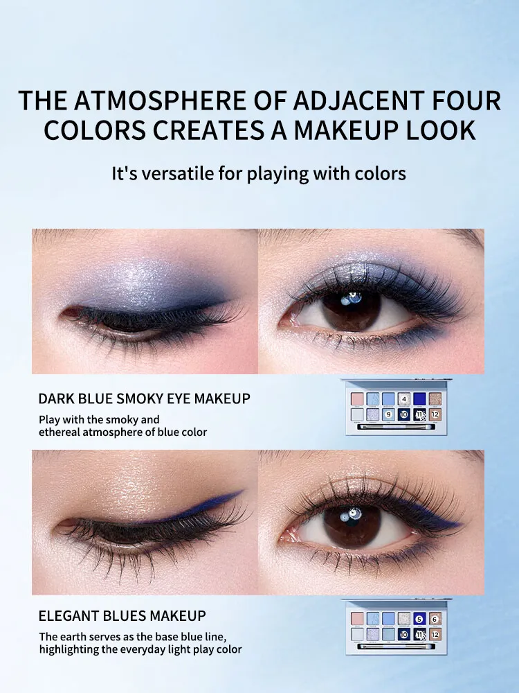 PERFECT DIARY 12-kolorowa Paleta Cieni do Powiek Blue Eye Shadow, Owsianka, Brokatowy Puder, Matowe Perłowe Cekiny, Znana Marka Chińska Cienie do Powiek